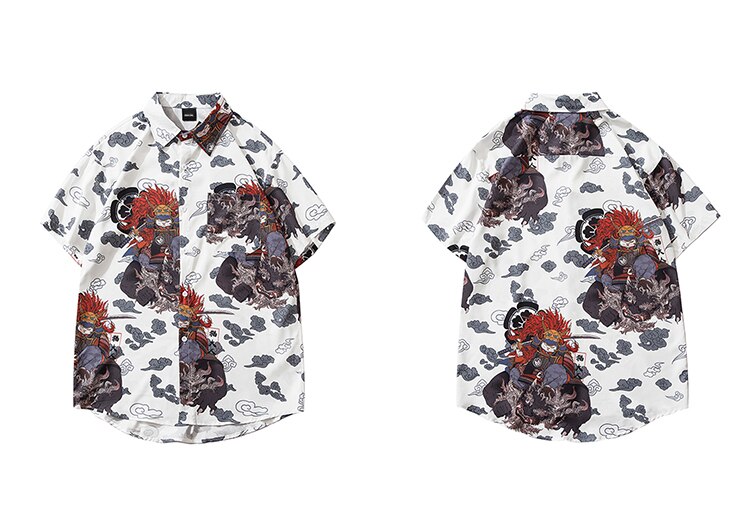 LENSTID Men Hip Hop Cat Samuri Printed Hawaiian Shirt Harajuku Streetwear Beach Shirt Summer Short Sleeve Thin Aloha Shirts: White / Asian L