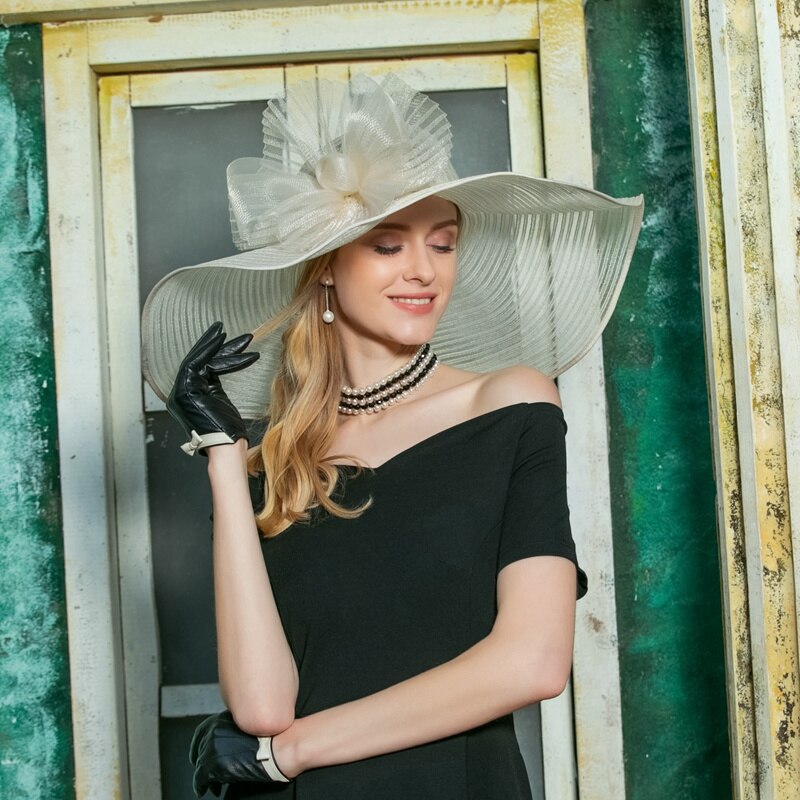 Women Fedoras Hat Organza Wide Brim Church Sinamay Hats Lady Flowers Wedding Dress Hat Kentucky Derby Party Hat B-8201