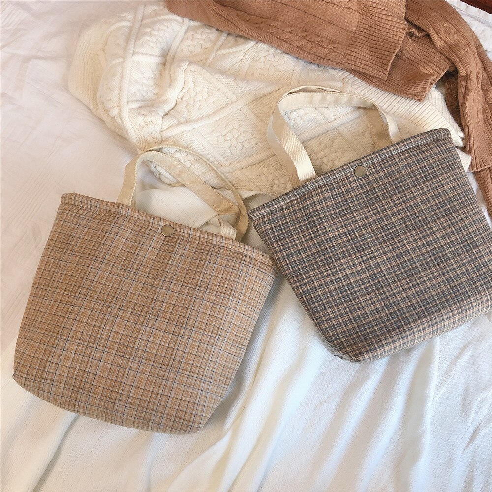 Cotton Fabric Lunch Bag Plaid Small Handbag Portable Food Picnic Bag Women Kids School Lunch Bags Ladies Little Tote Shopping