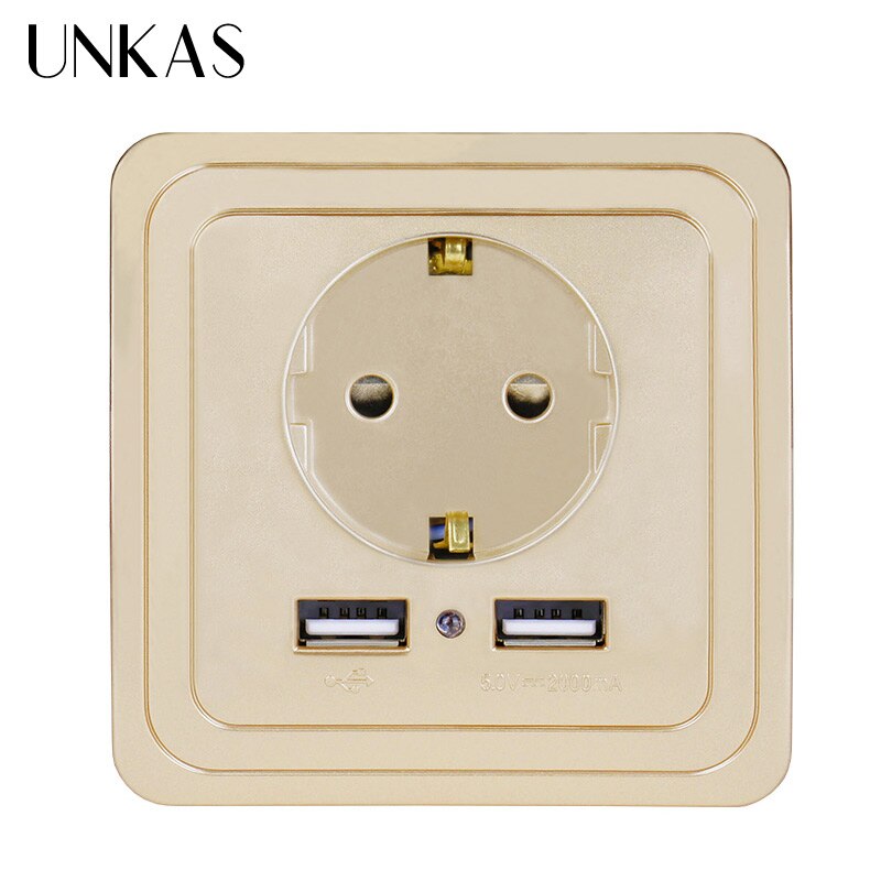 UNKAS 2000mA Dubbele USB Grijs Decoratieve Muur Socket 5V Woonaccessoires EU Plug Stopcontact PC Panel Geaard: 2000 mA Gold