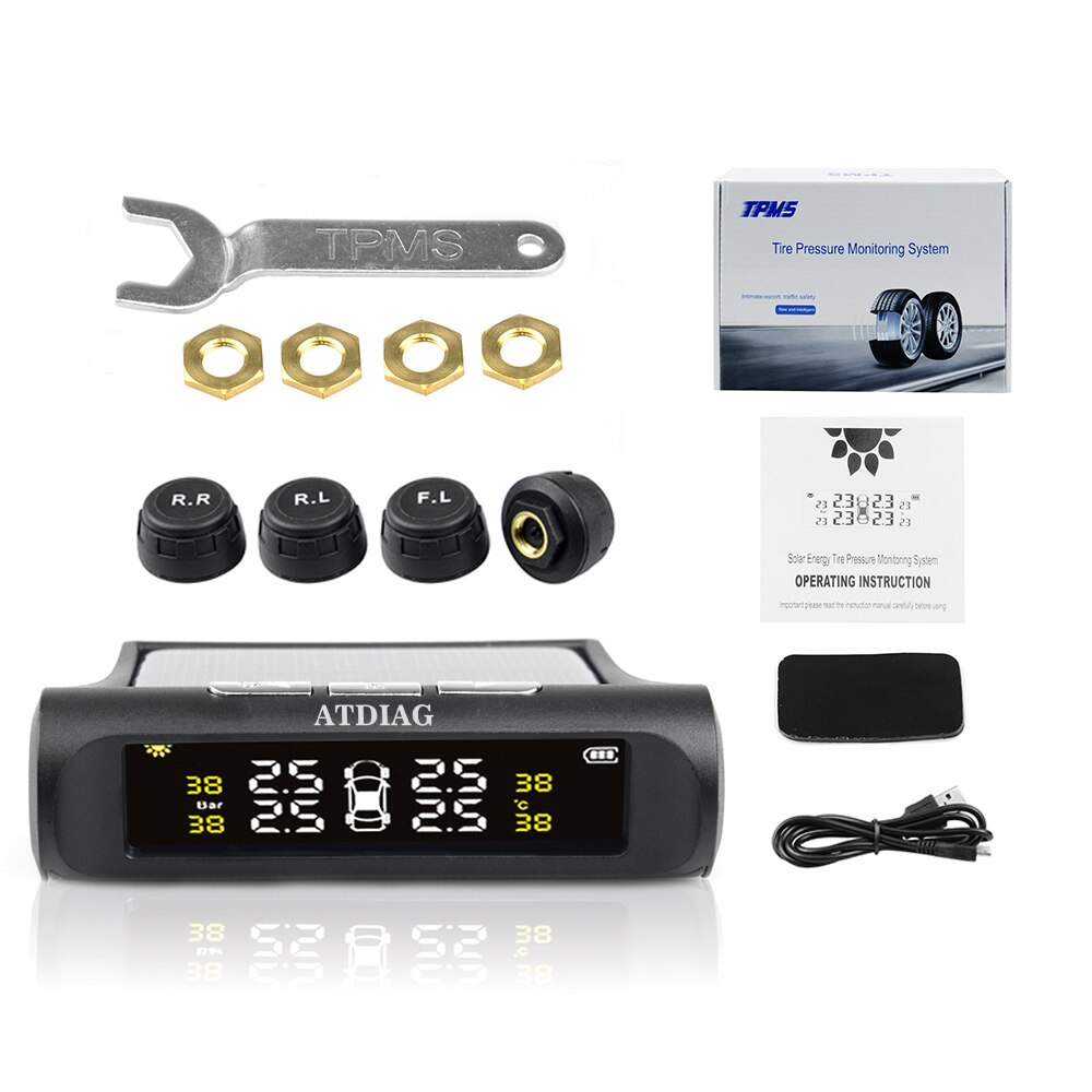 TPMS Solar Power Tyre Pressure Monitoring System with 4 Sensors LCD Real-time Display Car Tire Pressure Auto Alarm System: Internal  Sensors