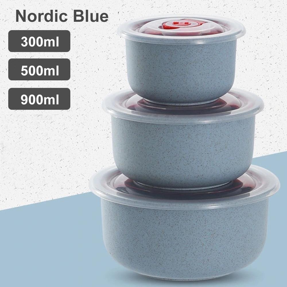 3pcs 300/500/900ml Wheat Straw Food Storage Containers with Lid Microwave Safe Cereal thickening Bowl With silicone seal: Blue
