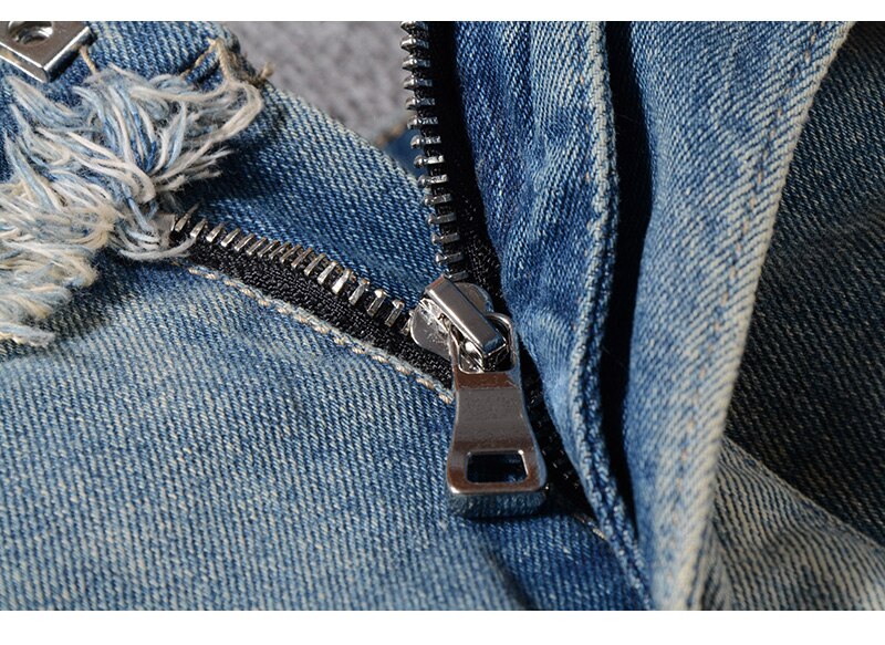 Herre vintage vasket denim frynser biker jeans for moto slim fit straight patchwork bukser for store og høye bukser