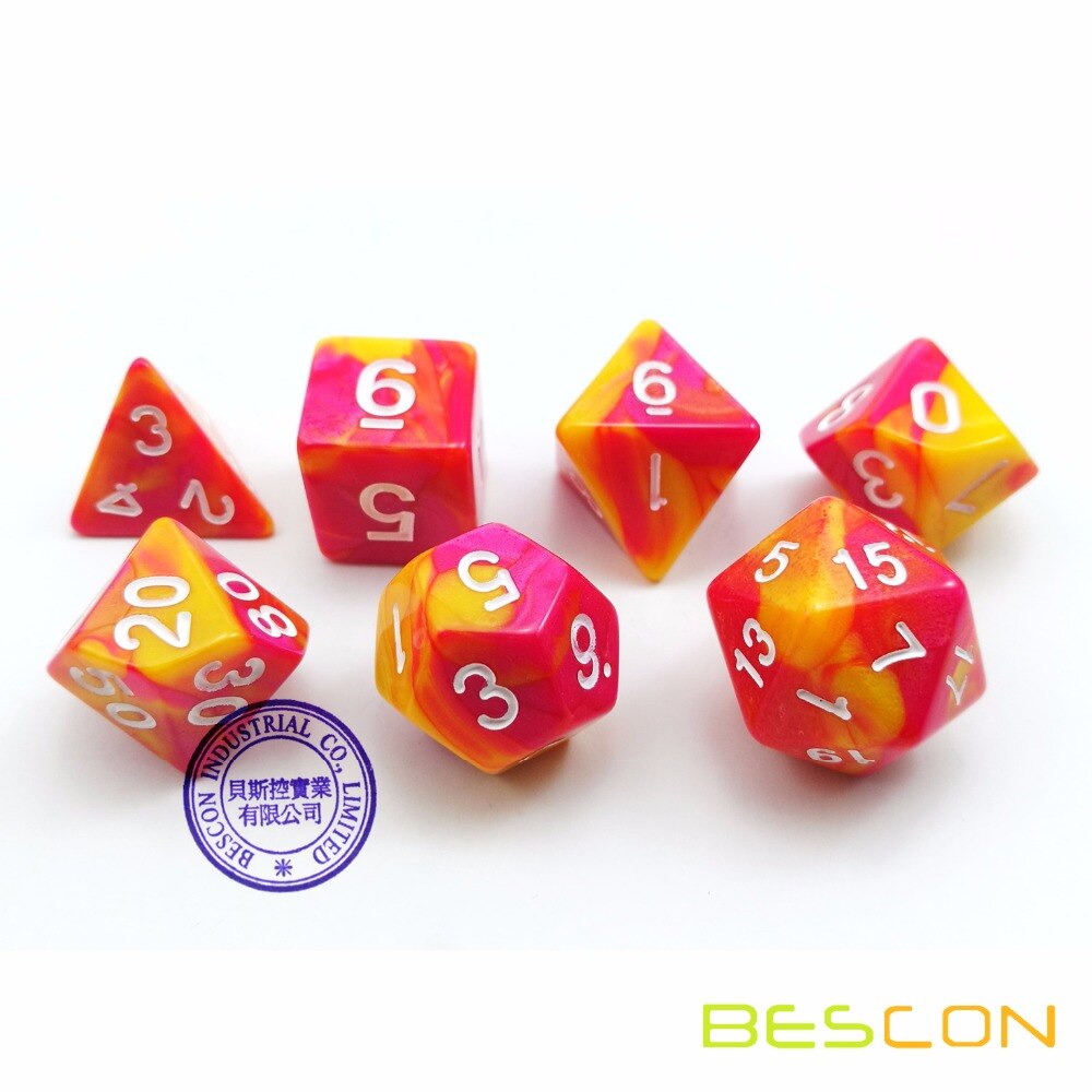 Bescon Gemini Polyhedrale Dobbelstenen Set Sunglow, twee Tone RPG Dobbelstenen Set van 7 d4 d6 d8 d10 d12 d20 d % Baksteen Box Pack