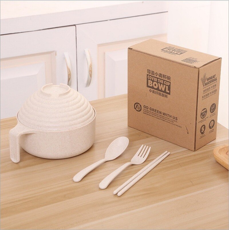 1Set Noodles Bowl with Lid Handle Dinnerware Wheat Straw Style Soup Bowl Microwavable Bowl Electric Lunch Box Food Container