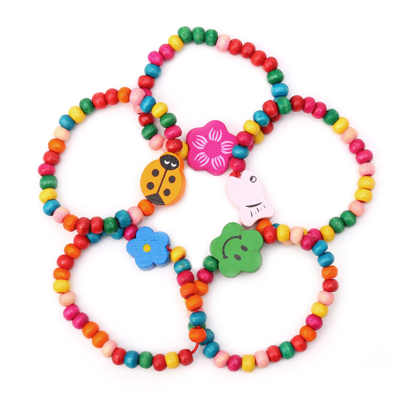 5Pcs Lovely Kids Children Wood Elastic Bead Bracelets Birthday Party Jewelry