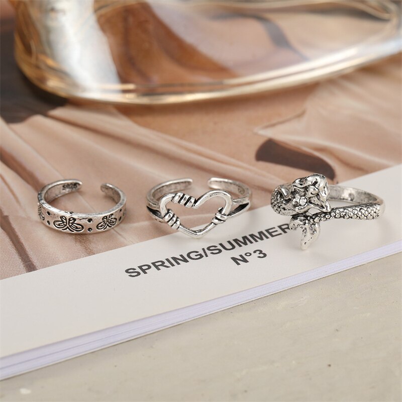 3er -einstellen boho-meerjungfrauenringe für damen und herren, Punk-schmetterlingsringe, verstellbare offene fingerringe, partyschmuck