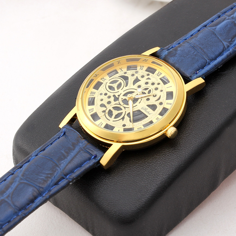 Foloy Watch For Men PU Leather Band Hollowing out Analog Alloy Quartz Wrist Watches Men Watch Clock