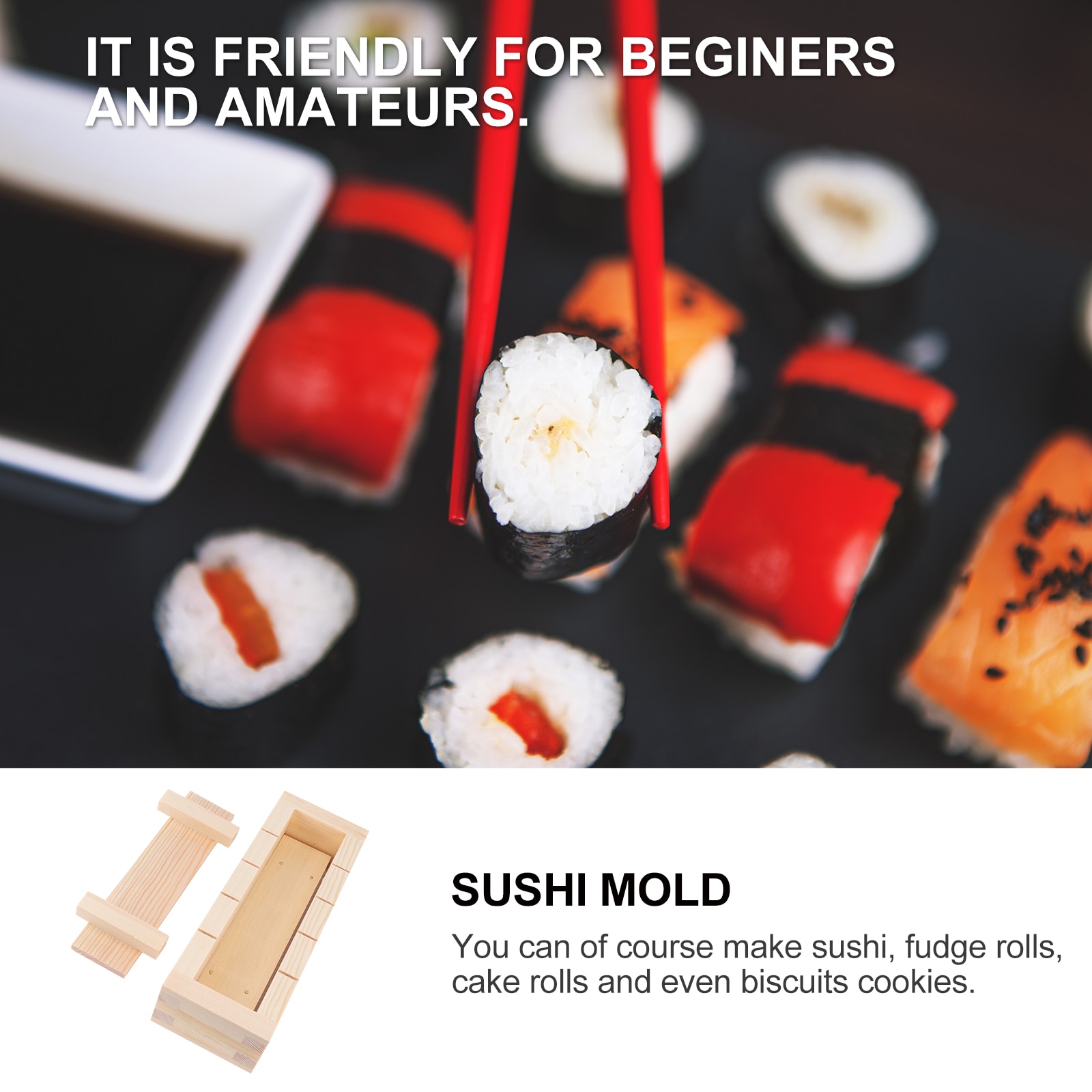 Caja de moldes de prensa de Sushi Rectangular de madera, Kit de fabricación de Sushi DIY, moldes de rodillo de arroz, herramientas de fabricación de Sushi de cocina (como se muestra)