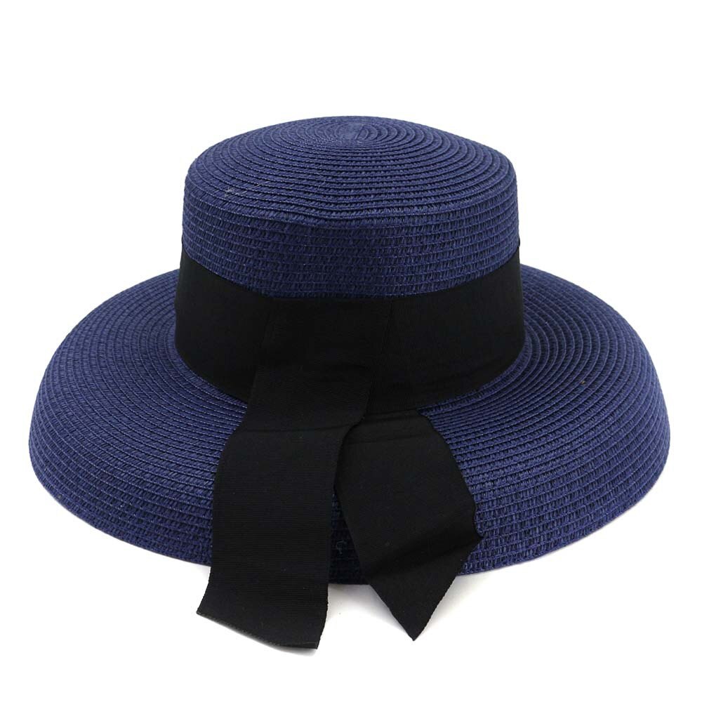 Zomer Stro Hepburn Stijl Grote Dakranden Vrouwelijke Outdoor Reizen Strand Seaside Zonnehoed Zonnehoed Mode Hoed Met lint: Blauw
