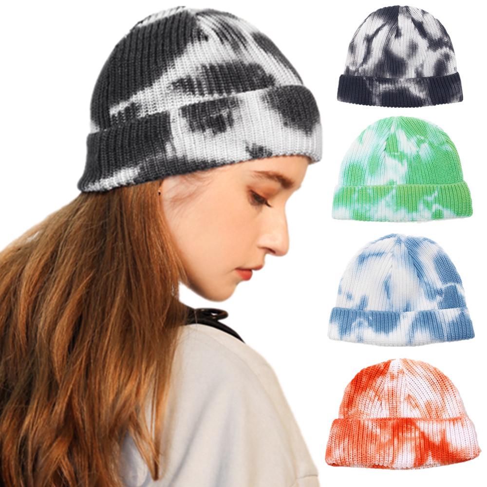 Unisex Autumn Winter Tie-Dye Ribbed Knitted Hat Soft Cuffed Short Melon Cap Men Women Sailor Style Beanie Hat