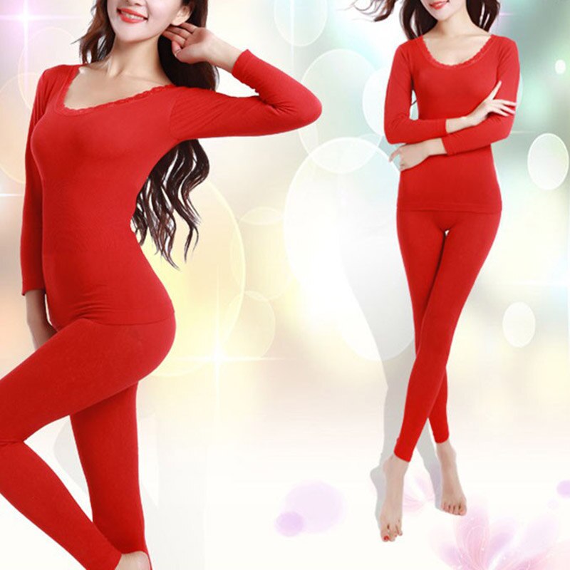 Modale damer vinter termisk undertøj jakkesæt tyk termisk undertøj kvindelig tøj lange tøj til kvinder passer størrelse m-xxl: Rød