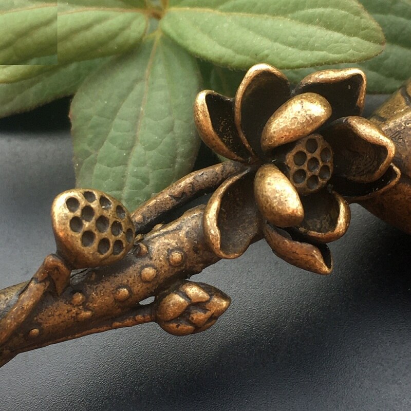 Pure copper Tea shovel handmade micro carving antique lotus leaf spoon antique craft bronze ware