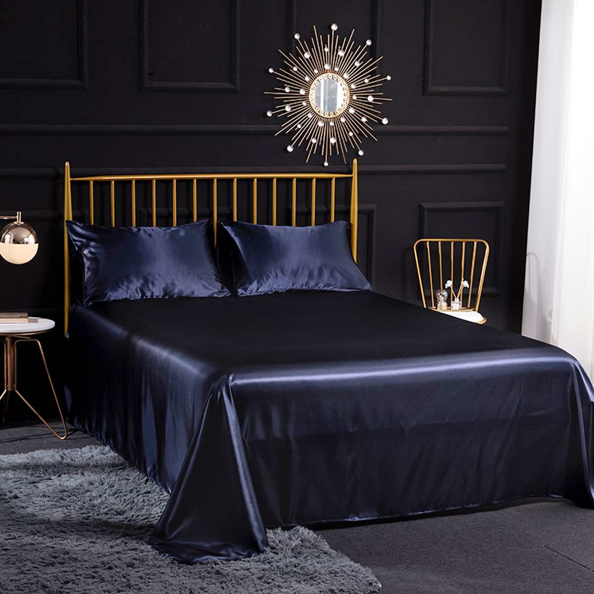 4 stk romantisk silke sengetøj sæt blød silke satin hjemmetekstil sengesæt fladt lag monteret lagen pudebetræk tvilling/hel/queen/king size: Kongeblå / Konge