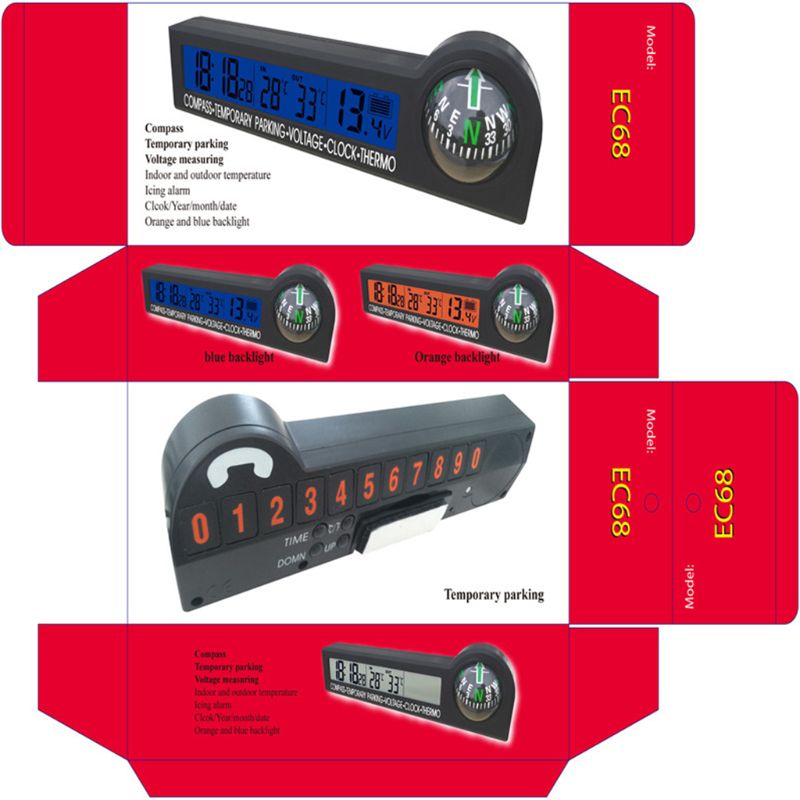 12V Digital Clock Display Indoor Outdoor Compass LCD Backlight Temporary Parking Car Thermometer Alert Car/Truck/RV
