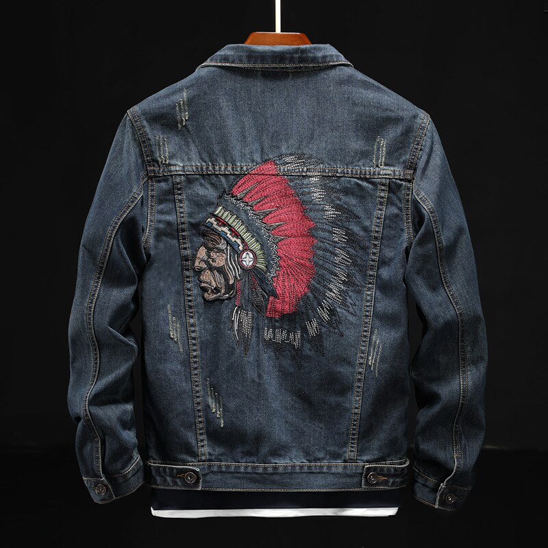 Prowow Streetwear Men Jacket Retro Blue Indian Chief Embroidery Denim Jackets Men Size M-6XL Hip Hop Punk Coats