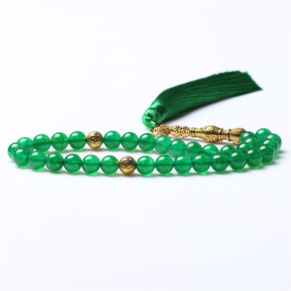 Grânulos muçulmanos islâmicos da oração da tasbih da pedra 33 da borla da linha verde das vendas quentes 8mm