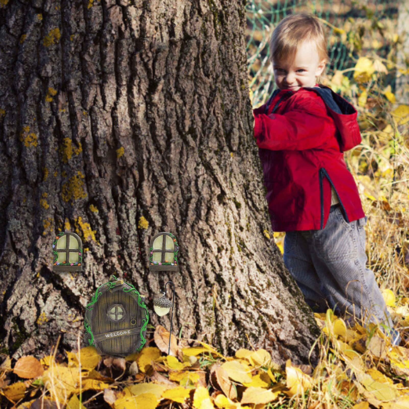 Miniature Fairy Tree Decorations Fairy Door and Windows for Trees Glows in the Dark hand painted natural woodland look