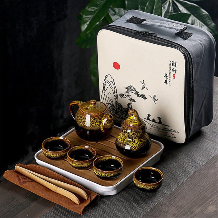 Portable Kung Fu Tea Set Ceramic Chinese Teapot Porcelain Teaset Gaiwan Tea Cups of Tea Ceremony Tea Pot With Travel Bag: Yellow