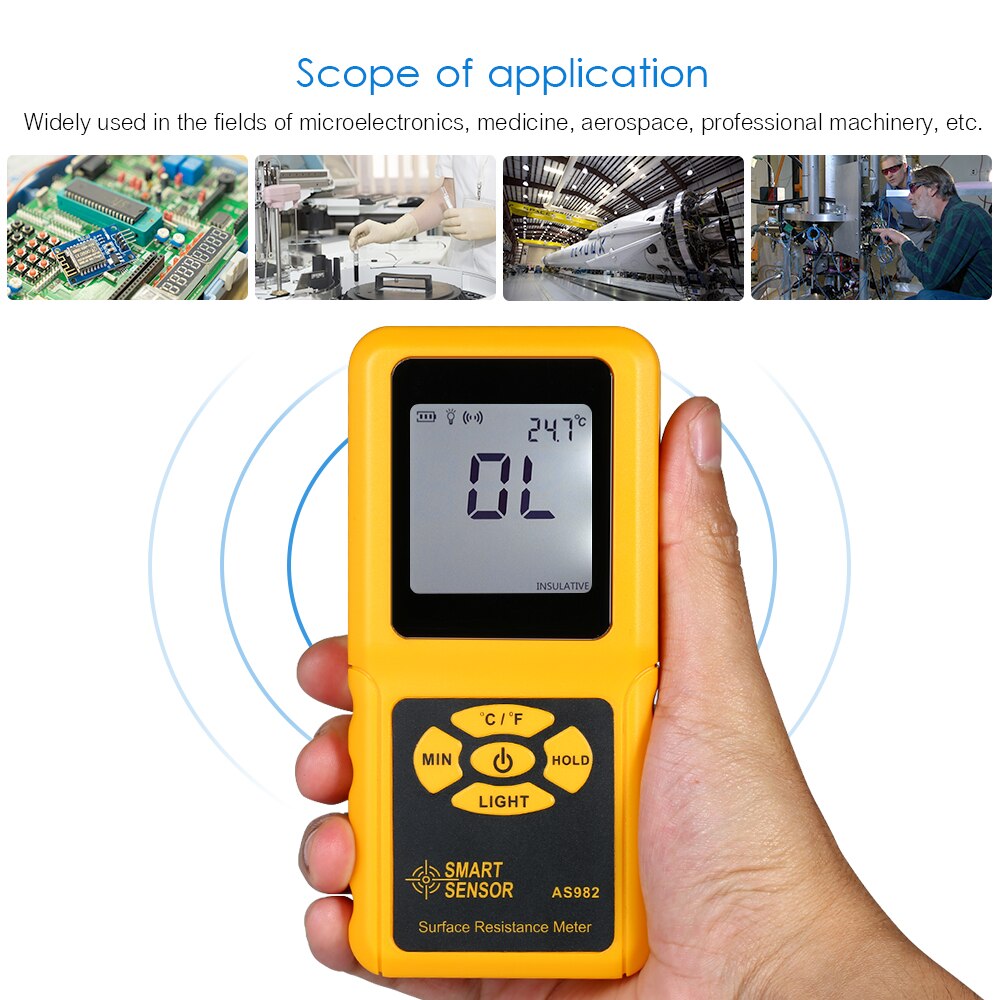 SMART SENSOR AS982 Resistance Meters Handheld LCD Surface Resistance Meter Tester Temperature Measurement Data Holding Function