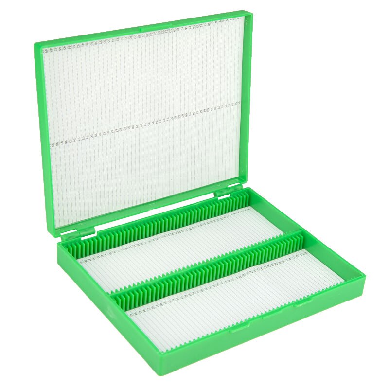 Caja de portaobjetos de plástico para microscopio, estuche de almacenamiento de portaobjetos patológicos, 100 Uds.