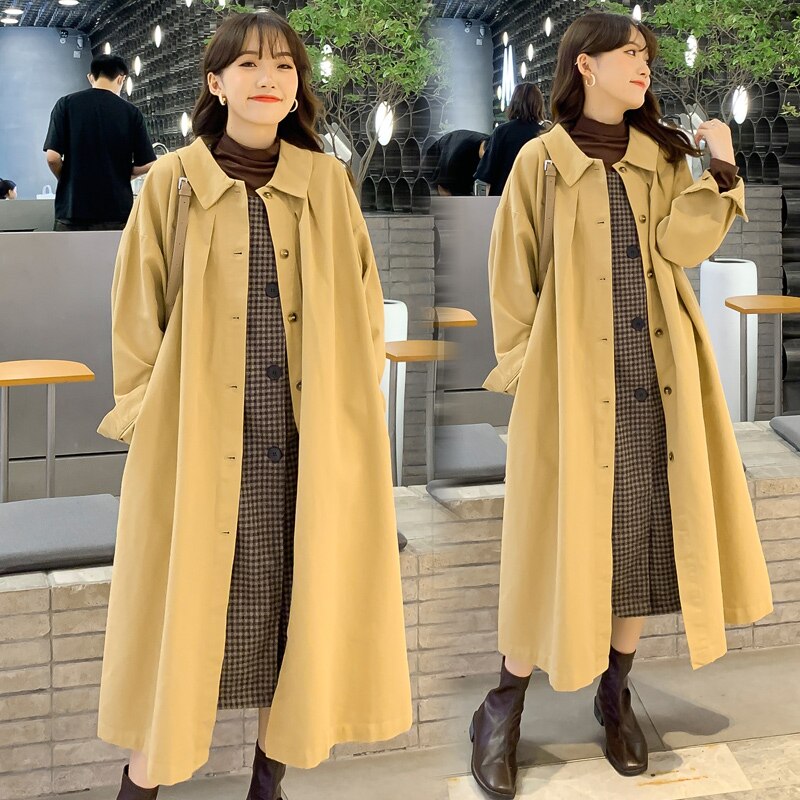Trench-coat à col rabattu pour femme enceinte, manteau de grande taille, couleur unie, automne-hiver