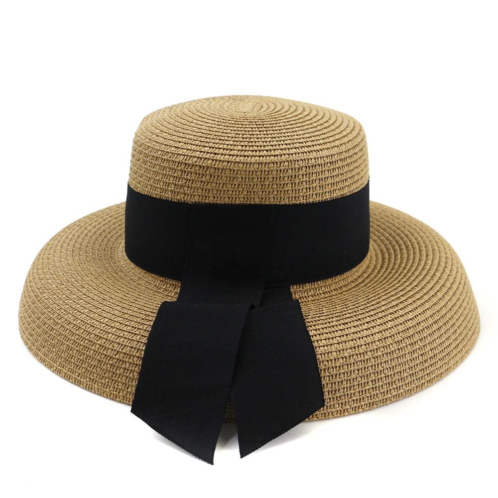 Zomer Stro Hepburn Stijl Grote Dakranden Vrouwelijke Outdoor Reizen Strand Seaside Zonnehoed Zonnehoed Mode Hoed Met lint: Khaki