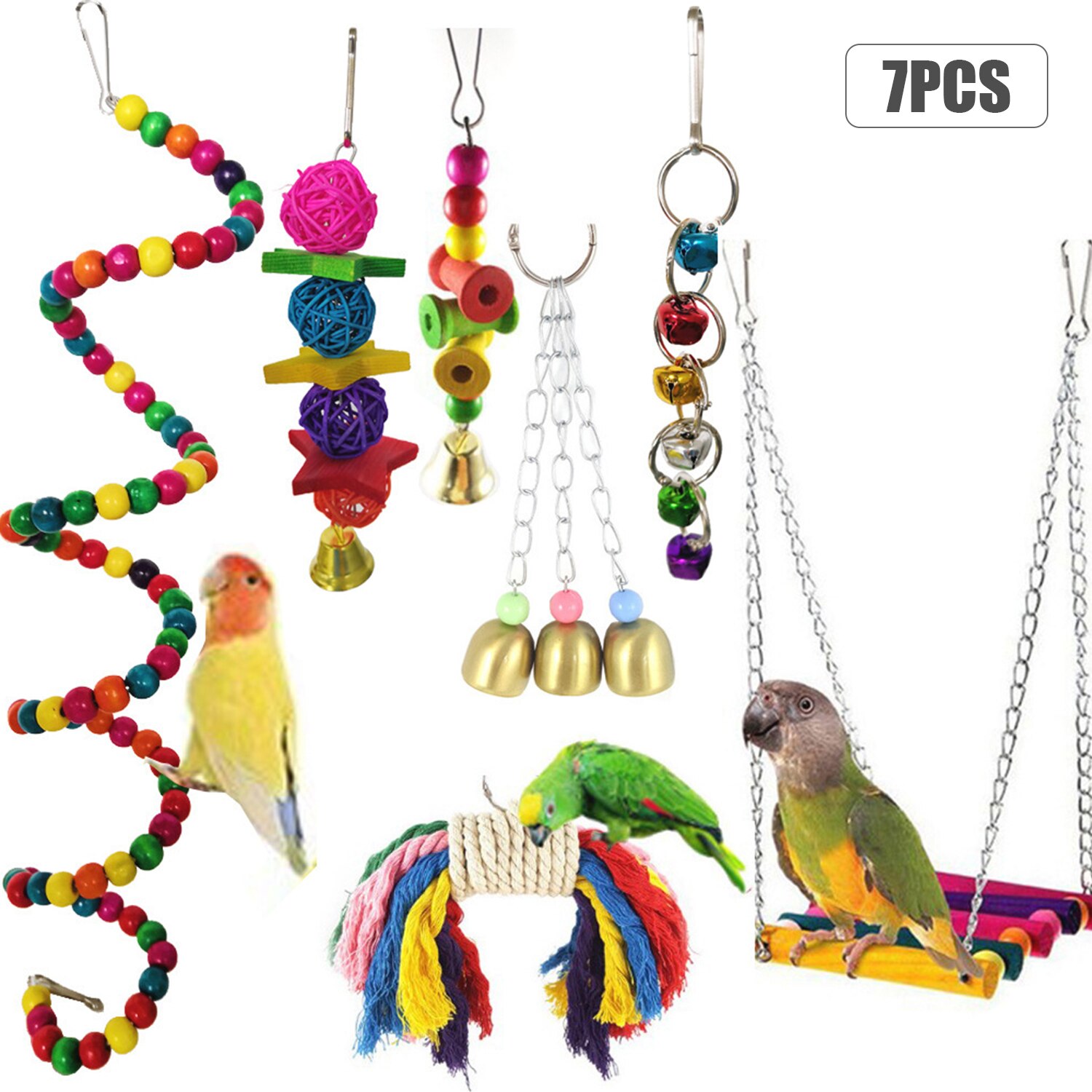 7Pcs Vogel Swing Kauwen Speelgoed Papegaaien Kauwen Opknoping Zitstokken Met Hangmat Bel Speelgoed Voor Papegaai Lorikeets Vogels
