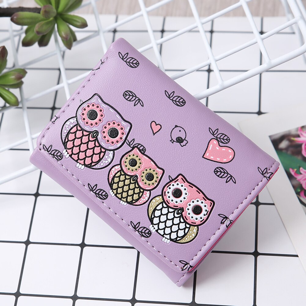 Porte-monnaie en Faux cuir pour femmes et filles, Mini portefeuille à trois volets, motif de hibou de dessin animé