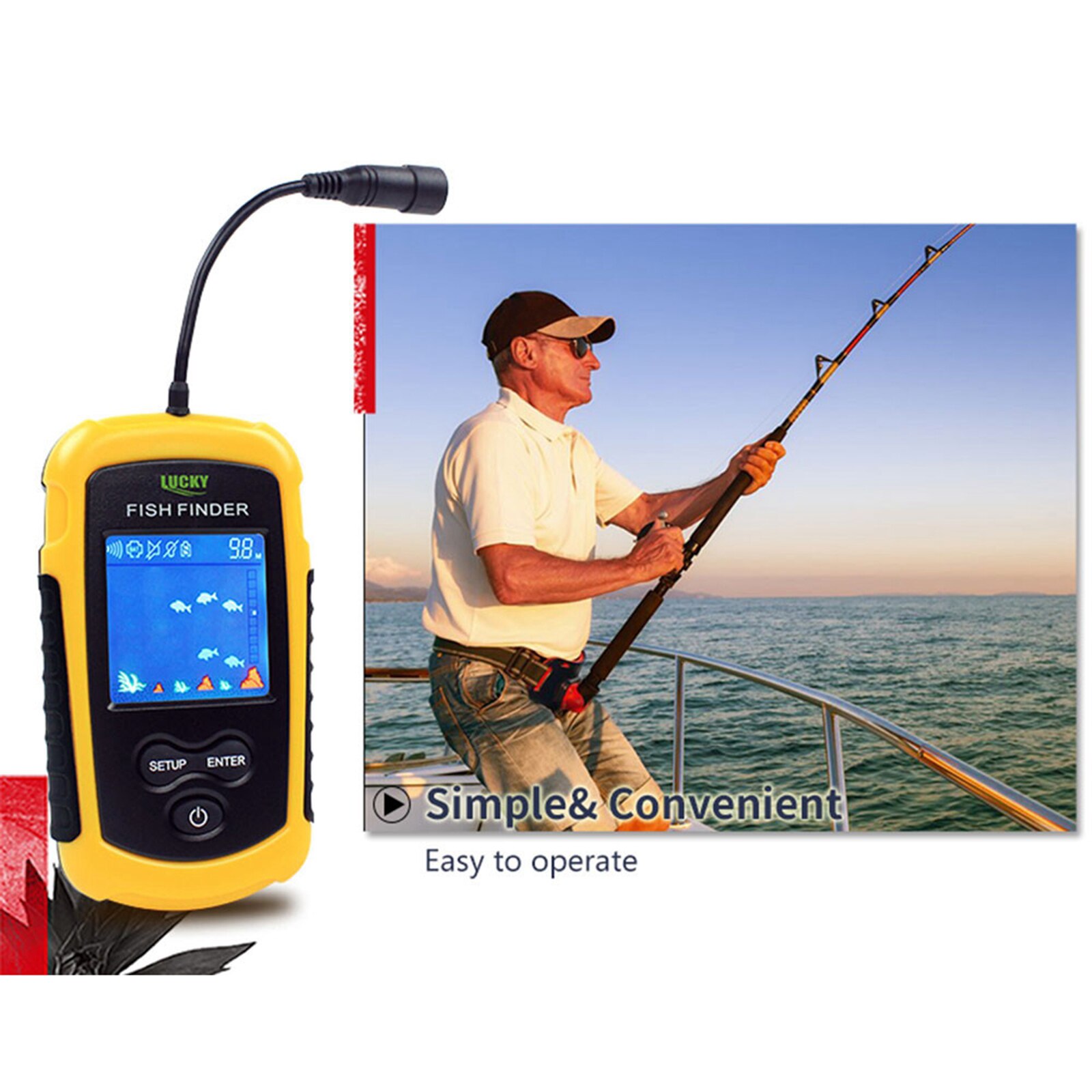 Portable Fishing Fish Finder Sonar Sensor 100 Meter Sounder Alarm Transducer