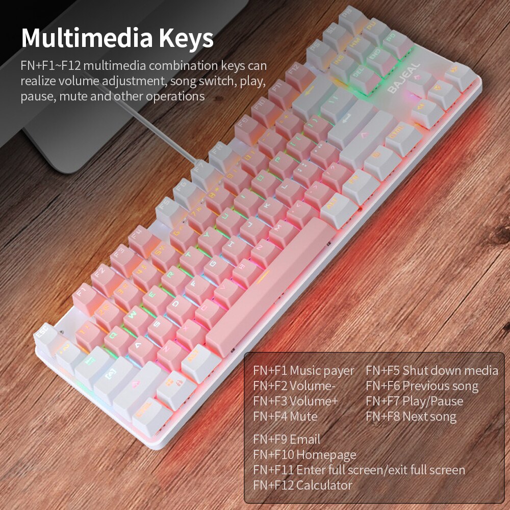 BAJEAL K100 87 Keys Wired Gaming Mechanical Keyboard Mixed Light Mechanical Keyboard with Blue Switch Suspension Button For PC