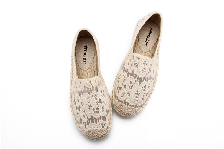 Alpargata para mujer, zapatos bordados, zapatillas cómodas, zapatos casuales de malla de aire para mujer, zapatillas azules de lona de cáñamo de lino transpirable: Beige / 8