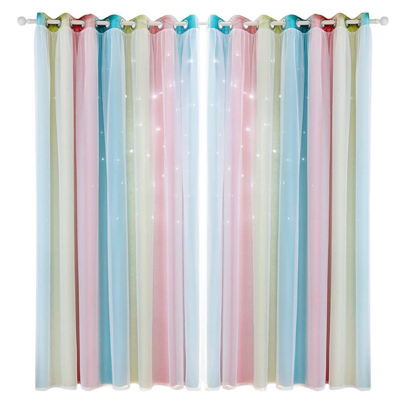 100 x 250cm romantisk regnbuefarve ren gardin pige børn soveværelse fuld mørklægning vindue gardiner hul stjerne gardin hjem indretning: Lyserød