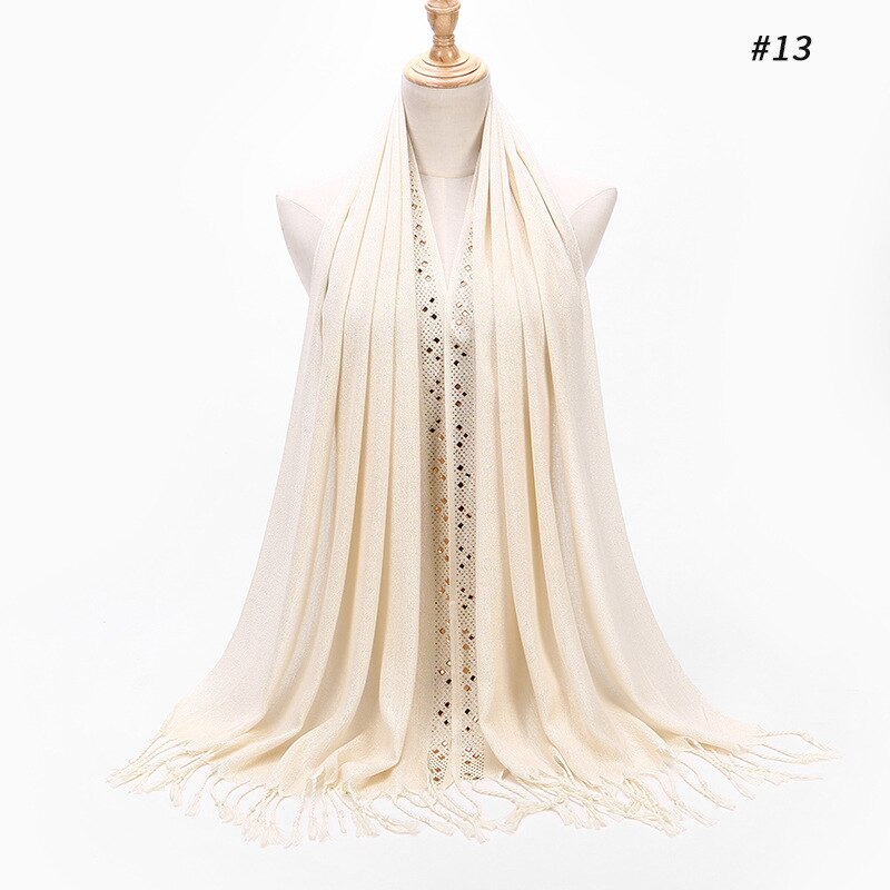Enfärgad svart vit grön vanligt huvud hijab halsduk bandana dam diamant glitter lång viskos tofs fransar halsdukar: Beige