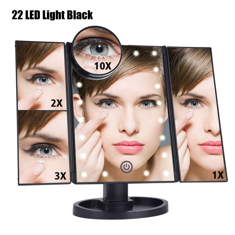 22 Led Light Touch Screen Make-Up Spiegel 10X Vergrootglas Compacte Spiegel Flexibele Cosmetica Spiegels: 22LEDs Black B