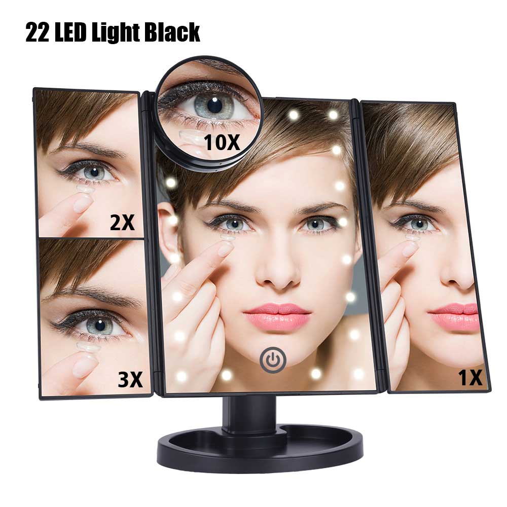22 LED Light Touch Screen Makeup Mirror 10X Magnifying Glass Compact Vanity Mirror Flexible Cosmetics Mirrors: 22LEDs Black B