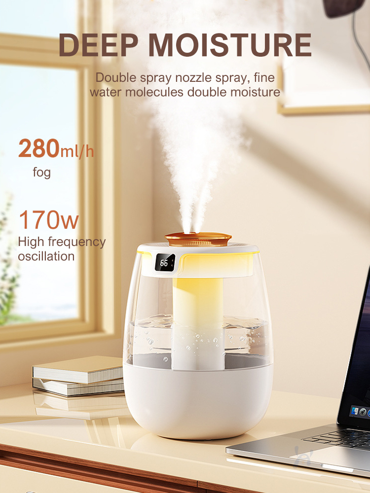 USB Humidifier Portable Dual Nozzle Cold Fog Bedroom Silent Humidifier Intelligent Digital Display Air Humidity 1.3L Water Tank