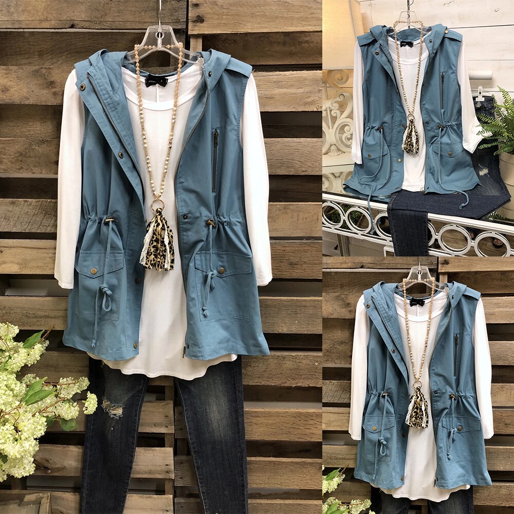 Veste Coupe-vent Sans Manches Femme Zenana Outfitters - Taille L (38/40) - Noir Bleu Marine Avec Capuche - Neuf Sans étiquettes