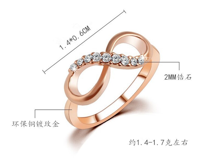 Prachtige Rose Goud Kleur Infinity Liefde Ringen Witte Cz Zirkoon Vrouwen Ringen Engagement Wedding Ring Anniversary Sieraden