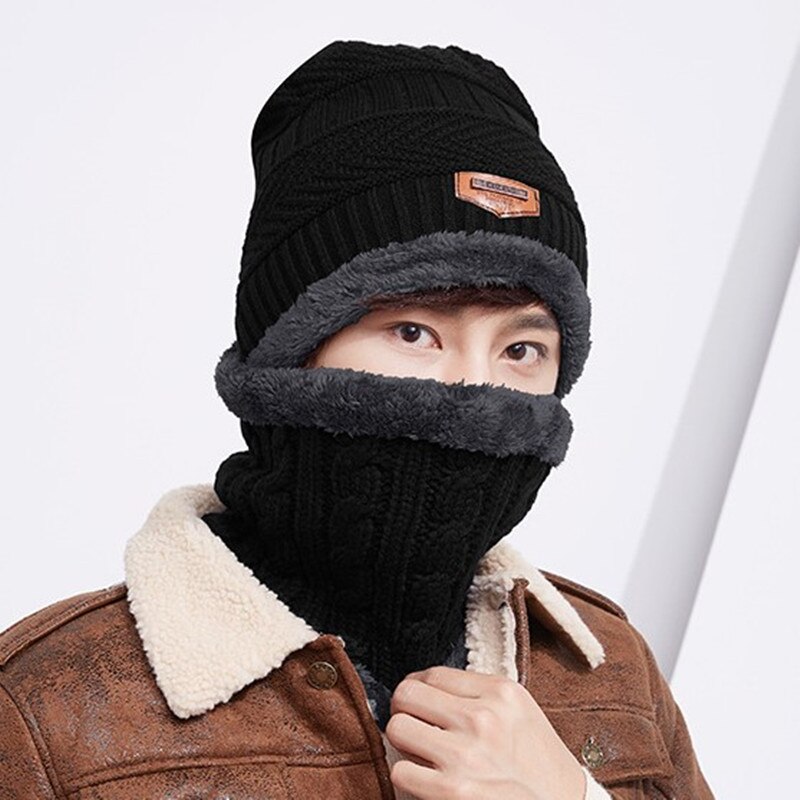 SILOQIN Winter Men's Beanie Hat Plus Velvet Thick Windproof Warm Scarf Knitted Wool Hats For Men Multipurpose Collar Earmuff Cap