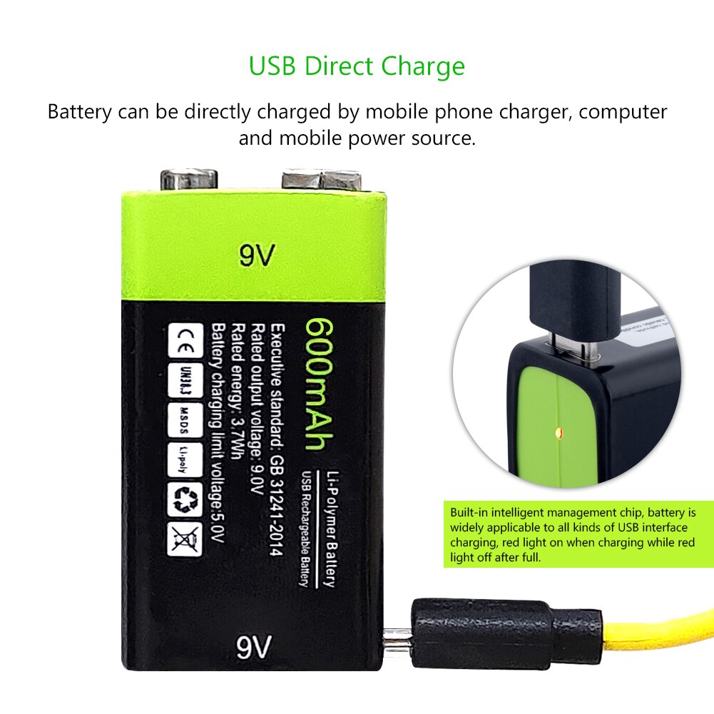 2x Oplaadbare 600Mah 9 V Lithium-polymeer Lipo Batterijen Usb Charger 9 Volt 48X25.6X16.9Cm li-Polymer Batterij Met Usb-kabel
