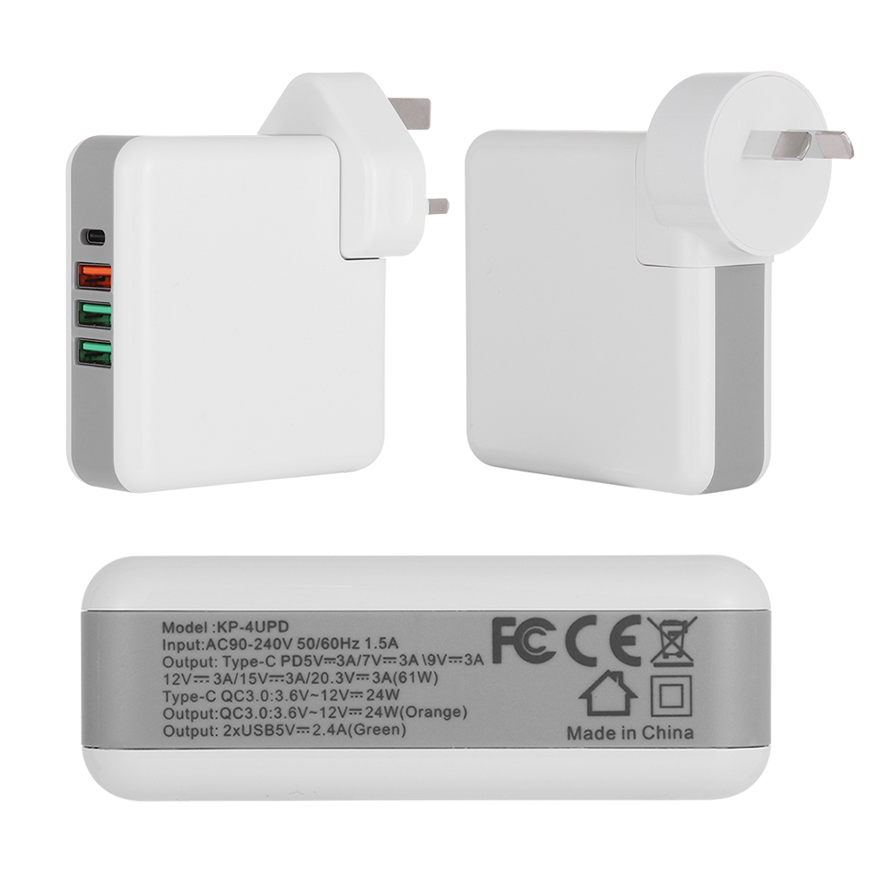 3-Port USB Wall Charger - QC 3.0 PD Fast Charge - 100-240V Power Adapter for iPhone, iPad