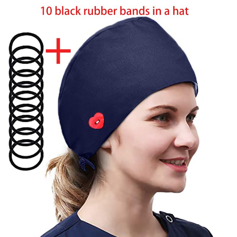 Women Solid Color Buttons Scrub Cap with 10Pcs Hair Ties Bouffant Hat: ZQ