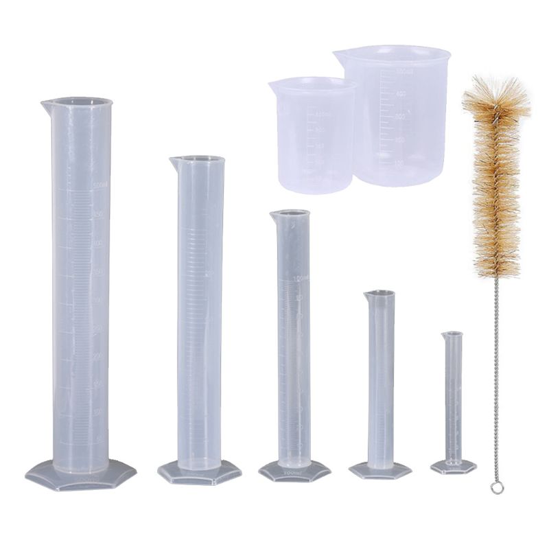 5 st klarplast graderad cylinder , 10, 25, 50, 100, 250ml,  med 2 plastbägare & 1 cylinderborste