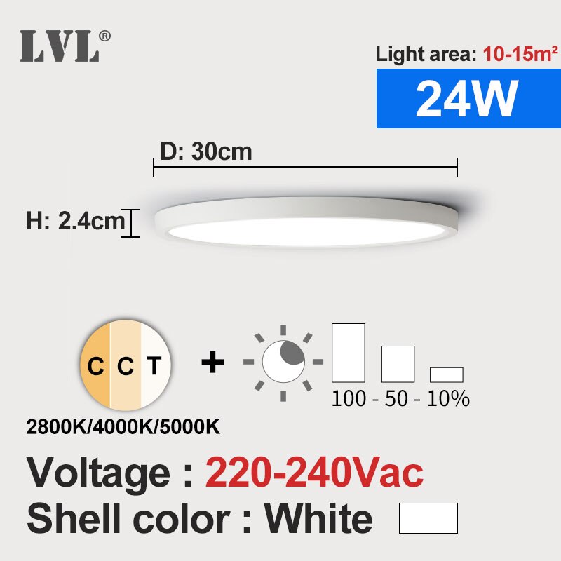 Led Dimbare Paneel Licht 12W 18W 24W 32W 220V Preset 2800K 4000K 5000K Voor Slaapkamer Woonkamer Badkamer Moderne Panel Licht: White shell-24W