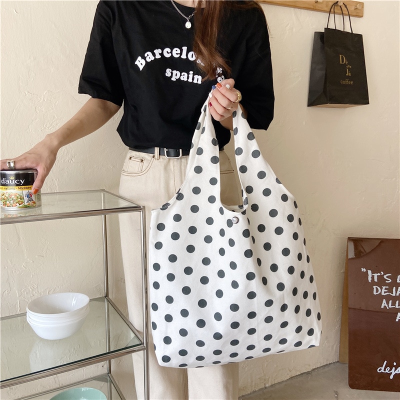 Retro Polka Dot mujeres bolsos de lona estudiante Simple hombro bolsa Vintage de mujer playa Casual bolso bolsas de compras