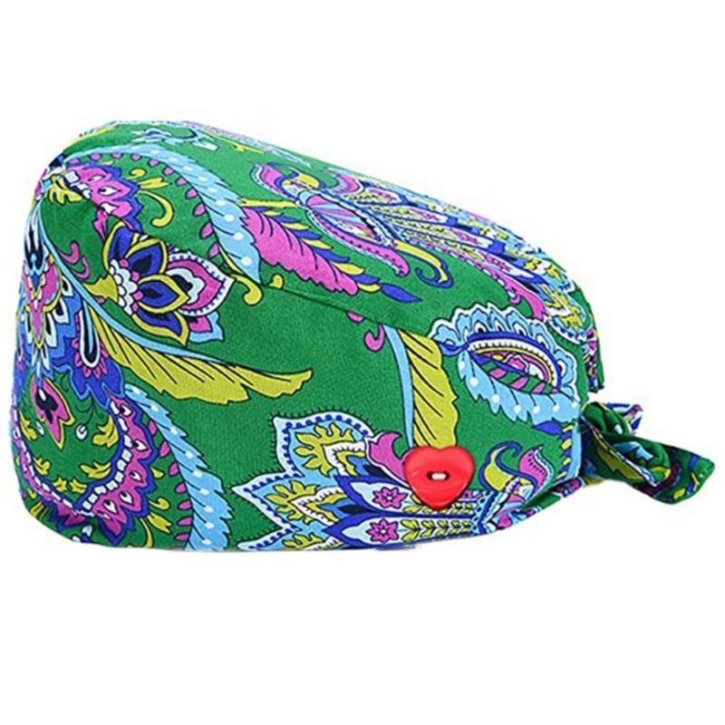 Women Ethnic Paisley Buttons Scrub Cap wtih Hair Ties Work Bouffant Hat F3MD: 1