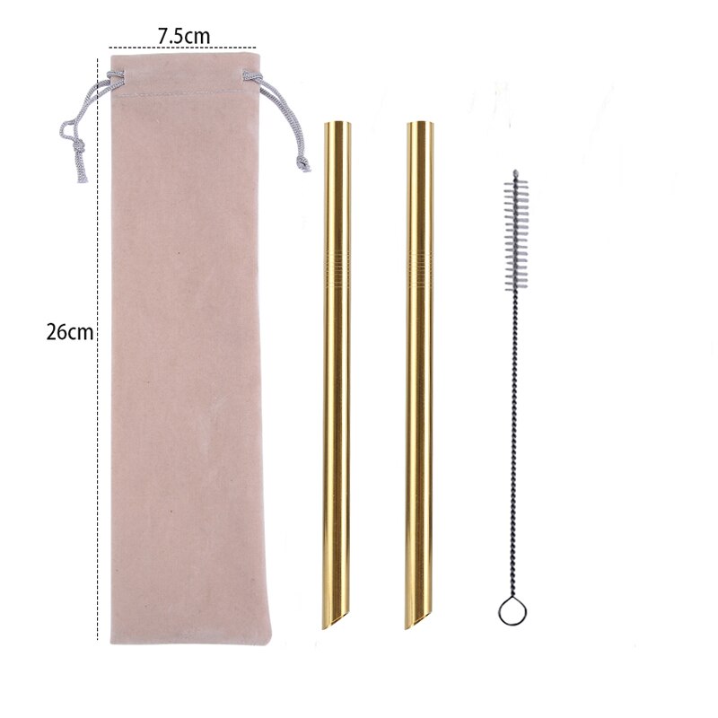 2Pcs Metall Wies Ende Stroh + 1Pc Pinsel Regenbogen Trinkhalme Wiederverwendbare Strohhalme 12mm * 215MM mit Tragbaren Box Oder Tasche: Beige Bag Gold