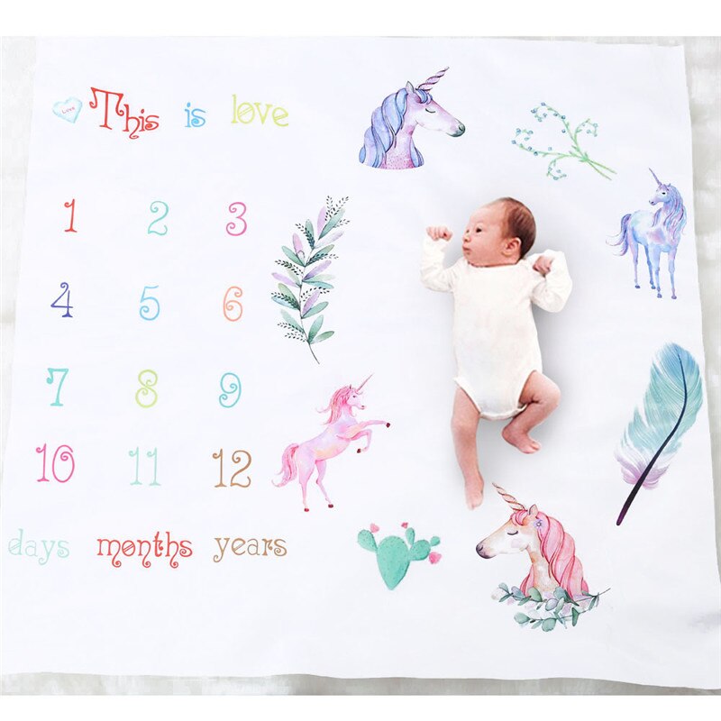 Milstolpe filt som månad till månad, enhörningsmönster polyester baby shoot tyg, baby fotografering rekvisita