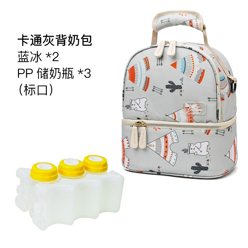 Multifunktionel mors taske mor amme dobbeltlags mælkeisoleret taske hånd pusletaske modermælk friskhed bac: Tegneserie grå